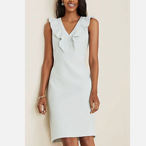Ann Taylor Doubleweave Ruffle Sheath Dress in Icy Sage - Picture 1 of 13